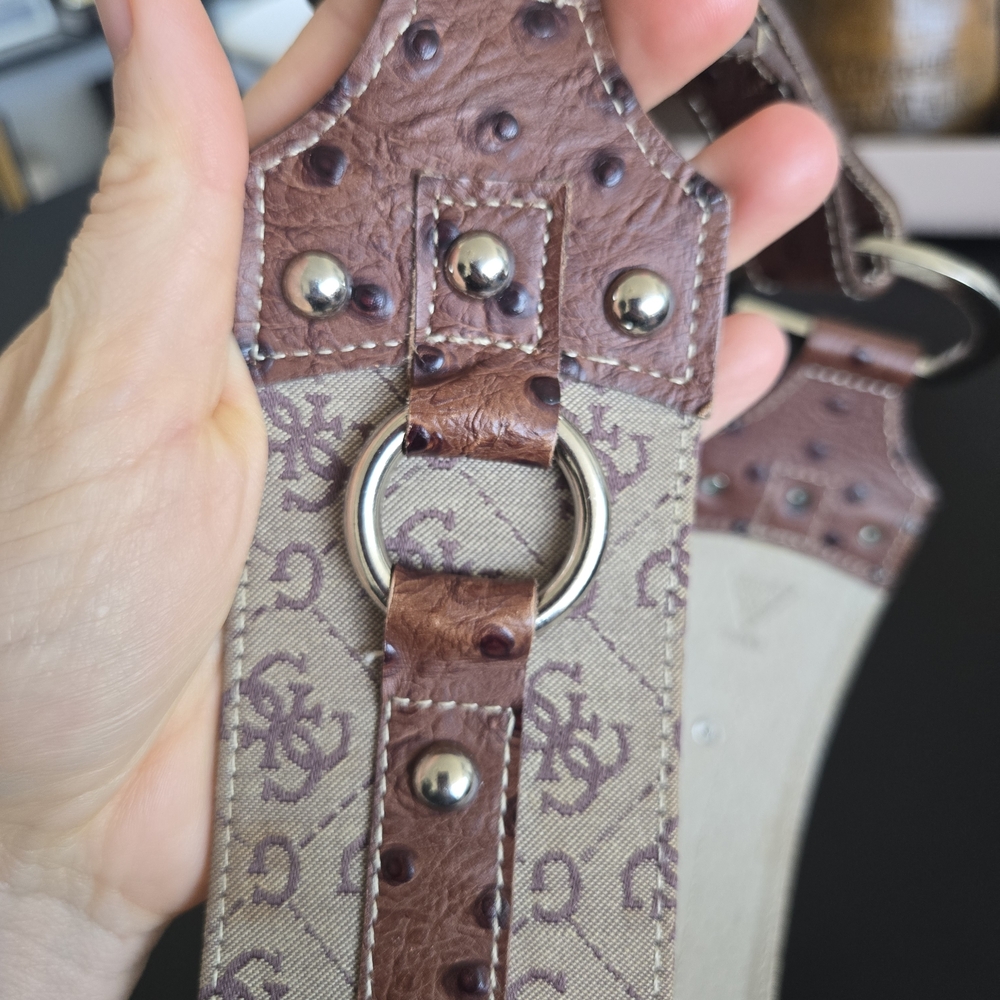 GUESS Vintage Y2K Corset Belt Monogram Logo Canvas Brown Ostrich Print S/M